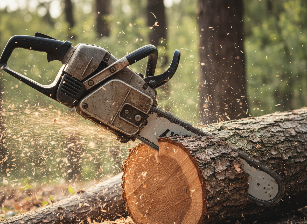 Close-up of a chainsaw cutting through a tree trunk during professional tree removal work.